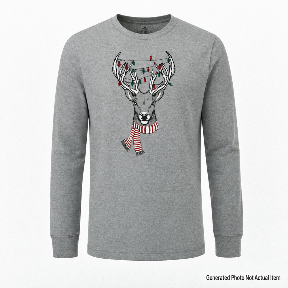 Christmas Deer Graphic Long Sleeve Shirt Holiday Lights Gray RedHead Mens XL